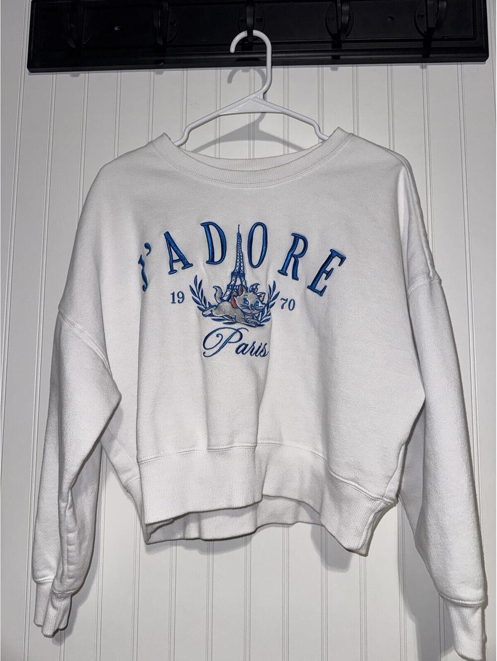 Disney Aristocats Marie J'Adore Paris Embroidered Cropped Sweatshirt Size M